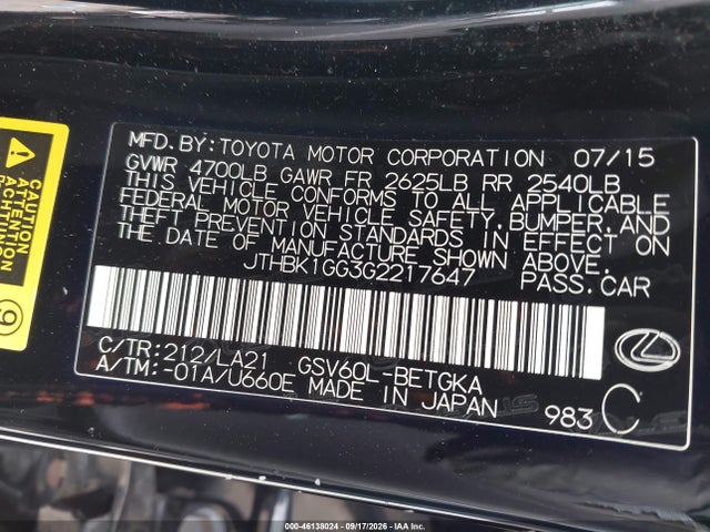 46138024 :رقم المزاد ، JTHBK1GG3G2217647 vin ، 2016 Lexus Es 350 مزاد بيع