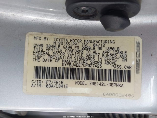 Продаж на аукціоні авто 2012 Toyota Corolla Le, vin: 5YFBU4EE7CP027425, номер лоту: 46138025