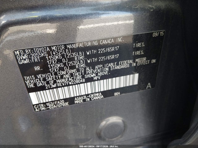 Aukcja sprzedaży 2015 Toyota Rav4 Xle, vin: 2T3WFREV7FW228048, numer aukcji: 46138034
