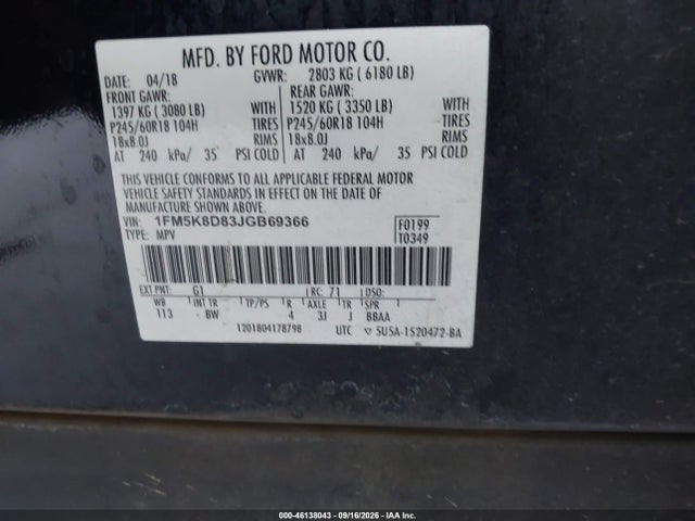 1FM5K8D83JGB69366 Ford EXPLORER XLT