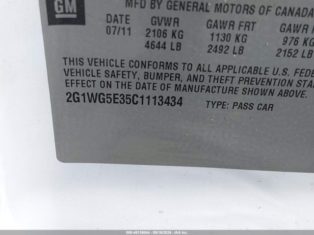 46138044 :رقم المزاد ، 2G1WG5E35C1113434 vin ، 2012 Chevrolet Impala Lt مزاد بيع