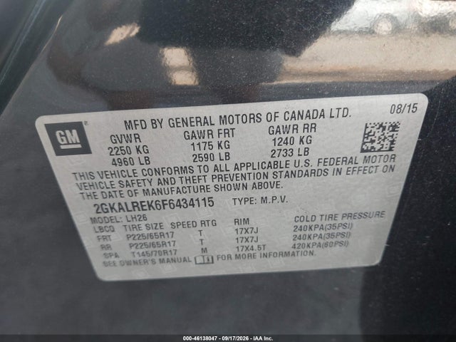 Продаж на аукціоні авто 2015 Gmc Terrain Sle-2, vin: 2GKALREK6F6434115, номер лоту: 46138047