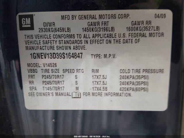 Aukcja sprzedaży 2009 Chevrolet Traverse Ls, vin: 1GNEV13D39S164847, numer aukcji: 46138048