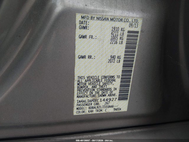 46138057 :رقم المزاد ، 1N4AL3AP0EC144927 vin ، 2014 Nissan Altima 2.5 S مزاد بيع