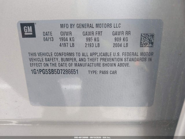 46138069 :رقم المزاد ، 1G1PG5SB5D7286651 vin ، 2013 Chevrolet Cruze Ltz مزاد بيع