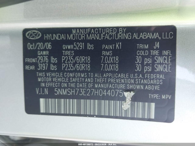 Продажа на аукционе авто 2007 Hyundai Santa Fe Limited/se, vin: 5NMSH73E27H044075, номер лота: 46138072