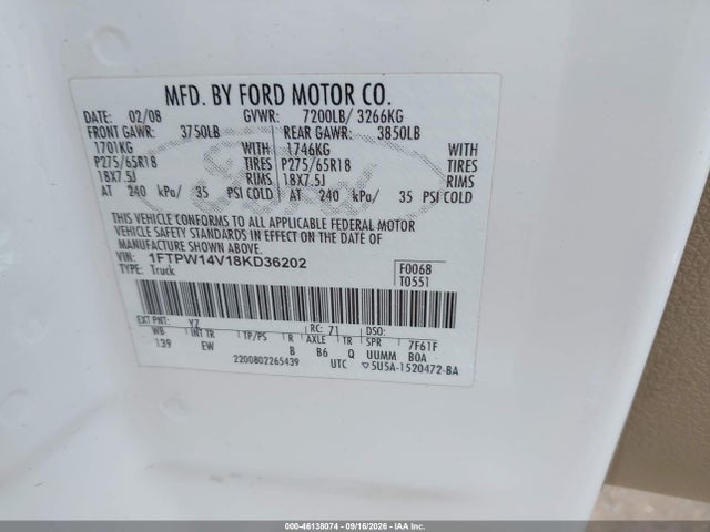 Aukcja sprzedaży 2008 Ford F-150 60th Anniversary/fx4/king Ranch/lariat/xlt, vin: 1FTPW14V18KD36202, numer aukcji: 46138074