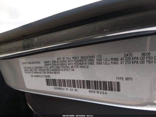46138090 :رقم المزاد ، 4S4BP61C277302483 vin ، 2007 Subaru Outback 2.5i Basic مزاد بيع