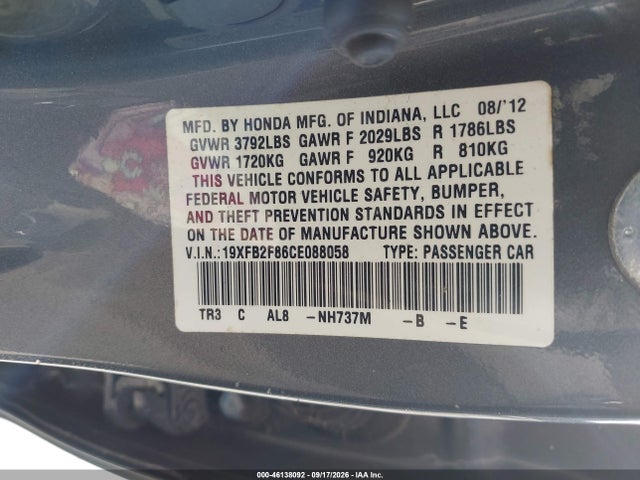 Aukcja sprzedaży 2012 Honda Civic Ex, vin: 19XFB2F86CE088058, numer aukcji: 46138092
