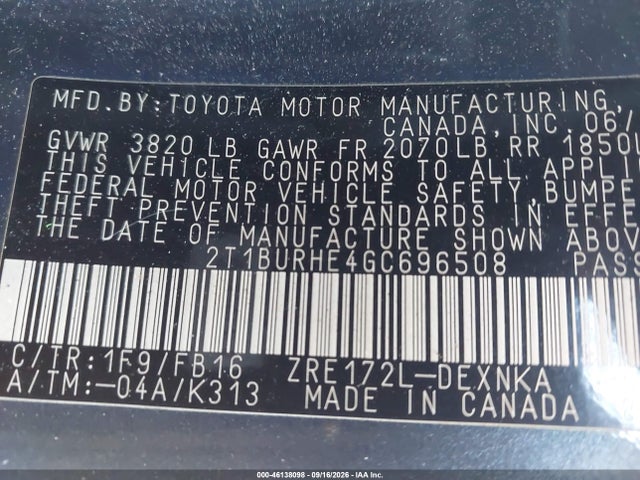 Aukcja sprzedaży 2016 Toyota Corolla Le, vin: 2T1BURHE4GC696508, numer aukcji: 46138098