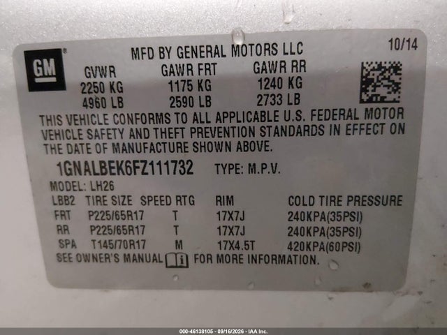 Продажа на аукционе авто 2015 Chevrolet Equinox 1lt, vin: 1GNALBEK6FZ111732, номер лота: 46138105