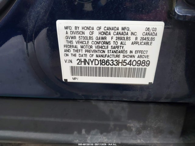 2003 Acura Mdx მანქანა იყიდება აუქციონზე, vin: 2HNYD18633H540989, აუქციონის ნომერი: 46138116