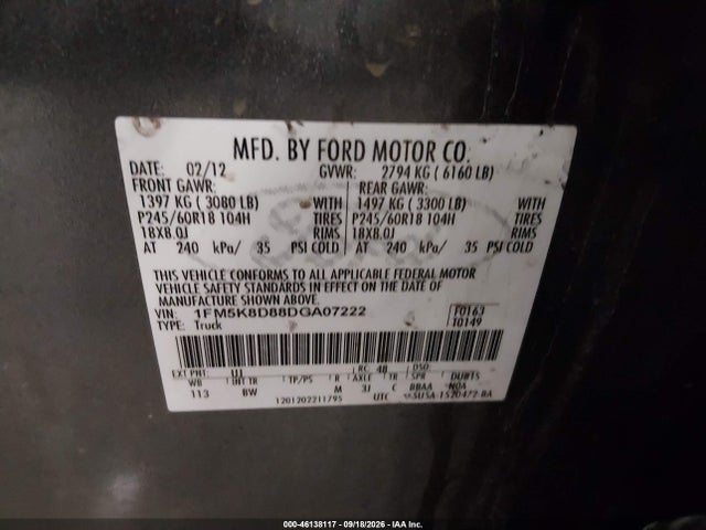 Продажа на аукционе авто 2013 Ford Explorer Xlt, vin: 1FM5K8D88DGA07222, номер лота: 46138117