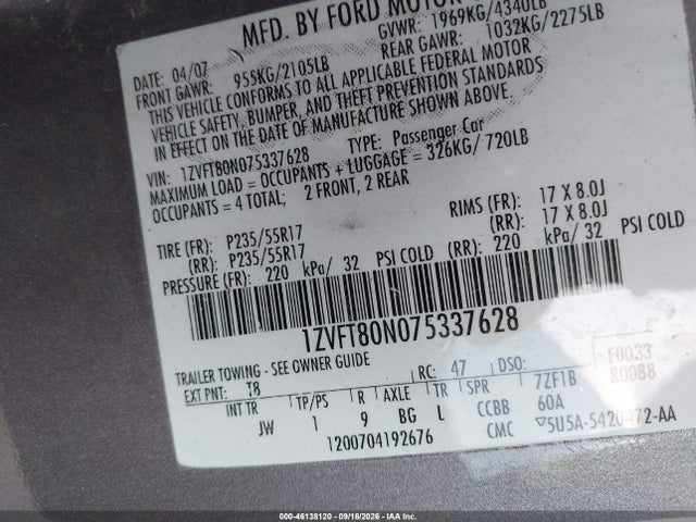 2007 Ford Mustang V6 Deluxe/v6 Premium მანქანა იყიდება აუქციონზე, vin: 1ZVFT80N075337628, აუქციონის ნომერი: 46138120