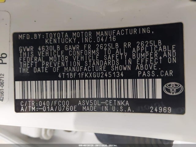 Продаж на аукціоні авто 2016 Toyota Camry Le, vin: 4T1BF1FKXGU245134, номер лоту: 46138125