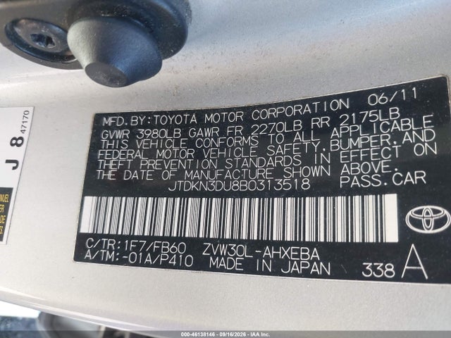46138146 :رقم المزاد ، JTDKN3DU8B0313518 vin ، 2011 Toyota Prius Three مزاد بيع
