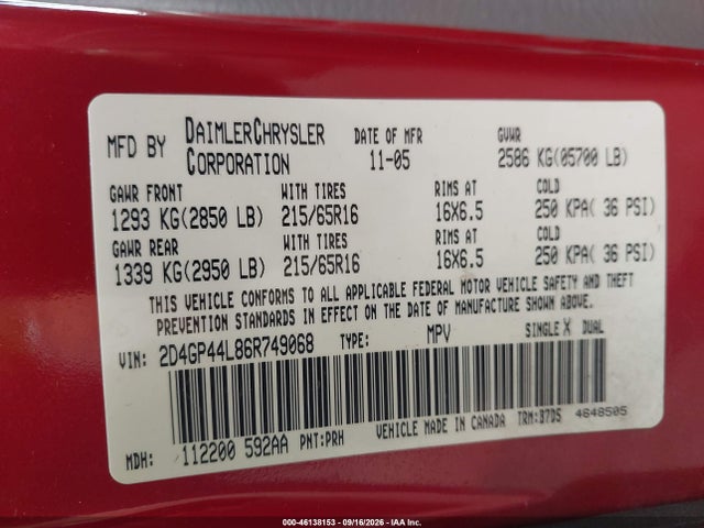 2006 Dodge Grand Caravan Sxt მანქანა იყიდება აუქციონზე, vin: 2D4GP44L86R749068, აუქციონის ნომერი: 46138153