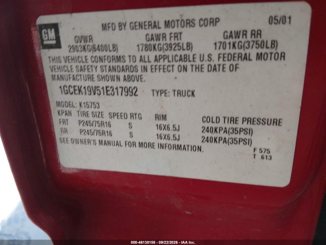 2001 Chevrolet Silverado 1500 მანქანა იყიდება აუქციონზე, vin: 1GCEK19V51E317992, აუქციონის ნომერი: 46138158