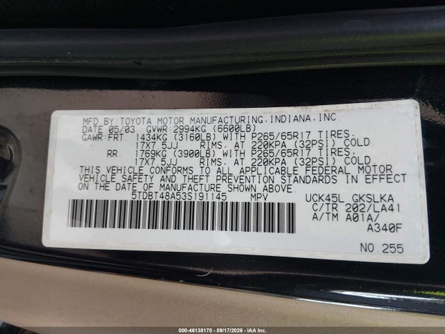 Aukcja sprzedaży 2003 Toyota Sequoia Limited V8, vin: 5TDBT48A53S191145, numer aukcji: 46138170