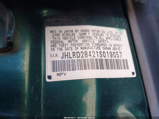 46138171 :رقم المزاد ، JHLRD28421S019057 vin ، 2001 Honda Cr-v Lx مزاد بيع