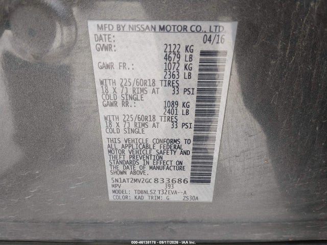 46138178 :رقم المزاد ، 5N1AT2MV2GC833686 vin ، 2016 Nissan Rogue Sl مزاد بيع