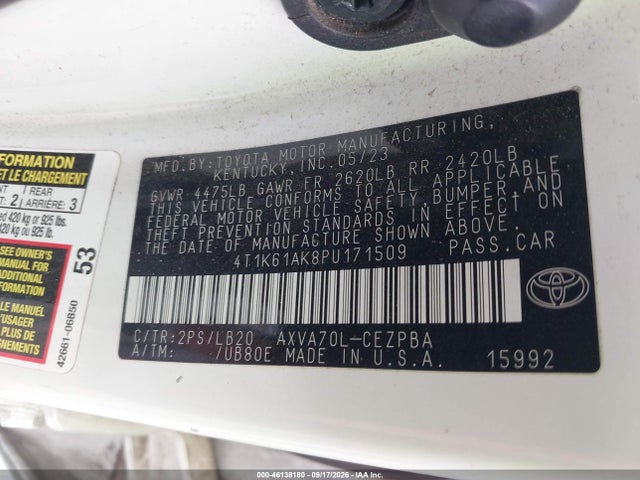 46138180 :رقم المزاد ، 4T1K61AK8PU171509 vin ، 2023 Toyota Camry Xse مزاد بيع
