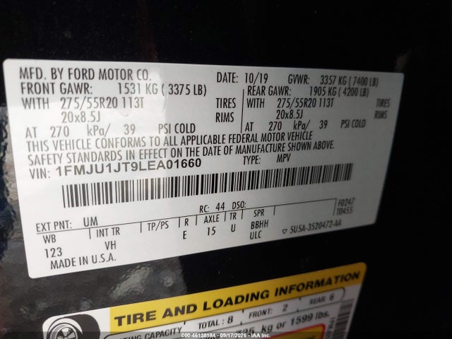Продаж на аукціоні авто 2020 Ford Expedition Xlt, vin: 1FMJU1JT9LEA01660, номер лоту: 46138184