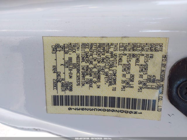 Aukcja sprzedaży 1999 Nissan Frontier Se/xe, vin: 1N6DD26S0XC329376, numer aukcji: 46138186