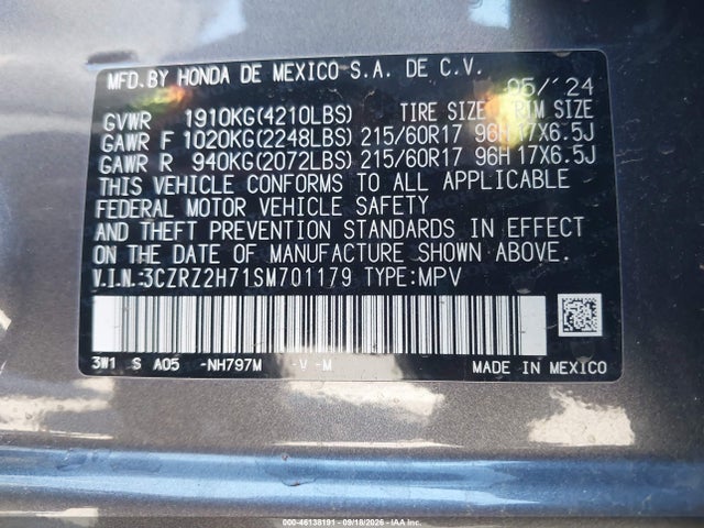 2025 Honda Hr-v Awd Ex-l მანქანა იყიდება აუქციონზე, vin: 3CZRZ2H71SM701179, აუქციონის ნომერი: 46138191