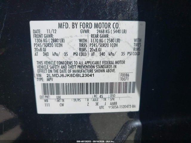 Aukcja sprzedaży 2013 Lincoln Mkx, vin: 2LMDJ6JK8DBL23041, numer aukcji: 46138203