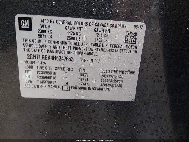 Продаж на аукціоні авто 2017 Chevrolet Equinox Premier, vin: 2GNFLGEK4H6347653, номер лоту: 46138209
