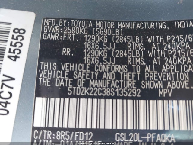 Aukcja sprzedaży 2008 Toyota Sienna Xle, vin: 5TDZK22C38S135292, numer aukcji: 46138259