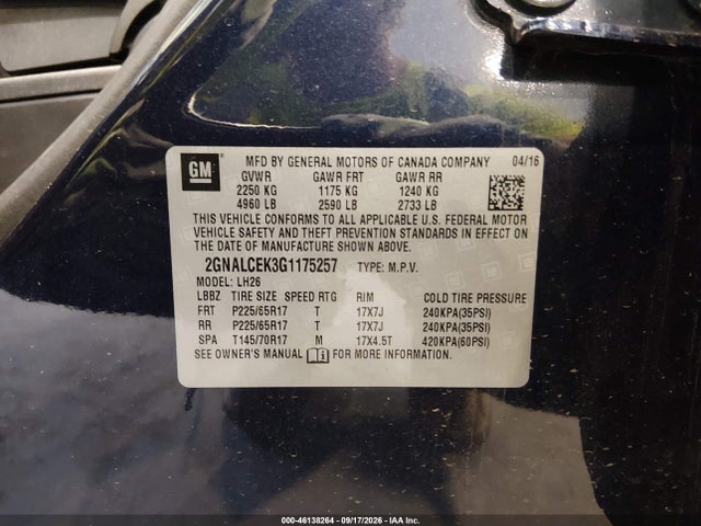 2GNALCEK3G1175257 Chevrolet EQUINOX LT