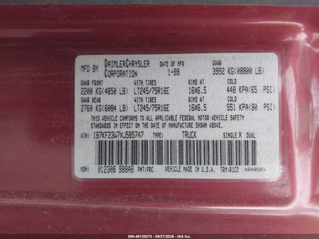 46138275 :رقم المزاد ، 1B7KF23W7XJ585747 vin ، 1999 Dodge Ram 2500 St مزاد بيع