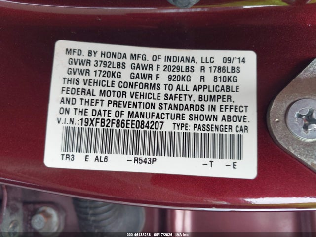 46138286 :رقم المزاد ، 19XFB2F86EE084207 vin ، 2014 Honda Civic Ex مزاد بيع