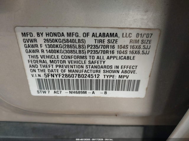 2007 Honda Pilot Ex-l მანქანა იყიდება აუქციონზე, vin: 5FNYF28607B024512, აუქციონის ნომერი: 46138305