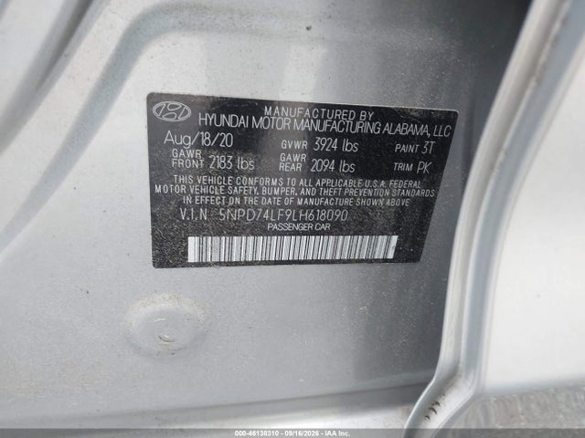 46138310 :رقم المزاد ، 5NPD74LF9LH618090 vin ، 2020 Hyundai Elantra Se مزاد بيع