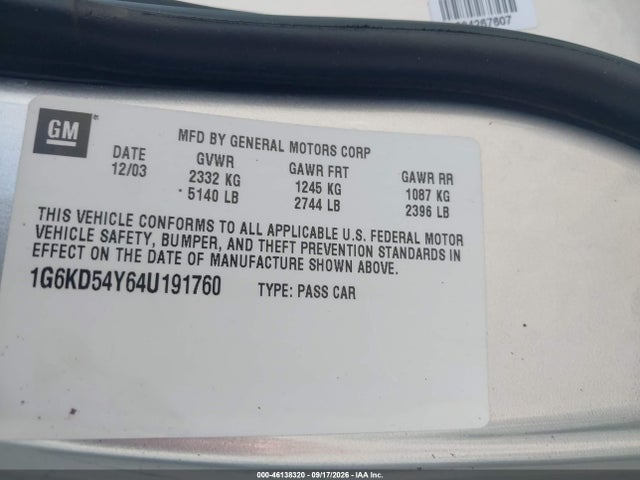 2004 Cadillac Deville Standard მანქანა იყიდება აუქციონზე, vin: 1G6KD54Y64U191760, აუქციონის ნომერი: 46138320