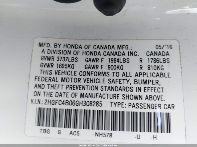 46138323 :رقم المزاد ، 2HGFC4B06GH308285 vin ، 2016 Honda Civic Lx-p مزاد بيع
