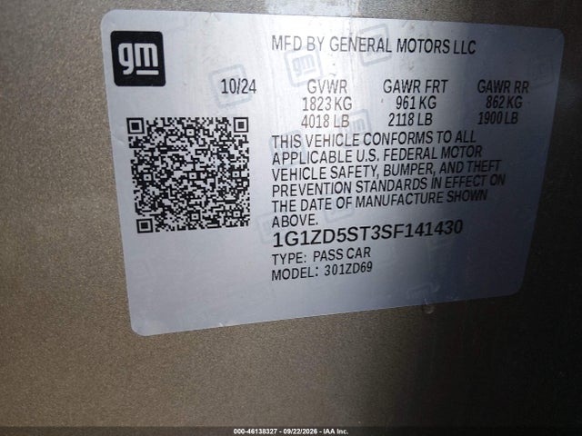 1G1ZD5ST3SF141430 Chevrolet Malibu Fwd 1lt