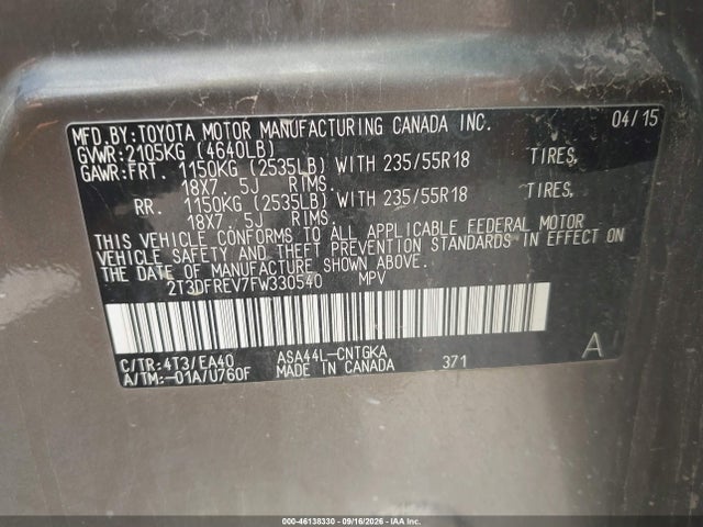 46138330 :رقم المزاد ، 2T3DFREV7FW330540 vin ، 2015 Toyota Rav4 Limited مزاد بيع