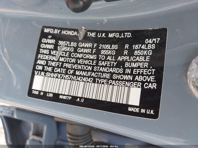 46138336 :رقم المزاد ، SHHFK7H57HU424042 vin ، 2017 Honda Civic Ex مزاد بيع