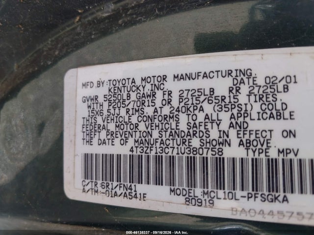 Продаж на аукціоні авто 2001 Toyota Sienna Le, vin: 4T3ZF13C71U380758, номер лоту: 46138337