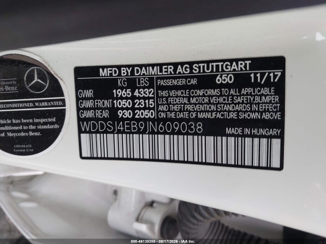 WDDSJ4EB9JN609038 Mercedes-Benz CLA 250