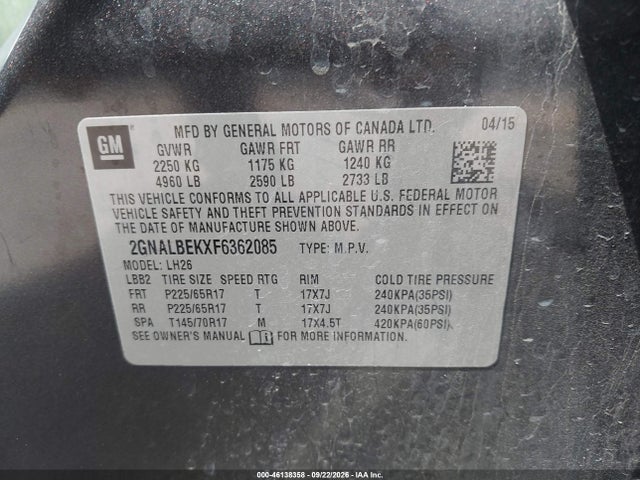 2GNALBEKXF6362085 Chevrolet EQUINOX 1LT