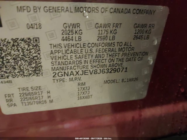 Aukcja sprzedaży 2018 Chevrolet Equinox Lt, vin: 2GNAXJEV8J6329071, numer aukcji: 46138365