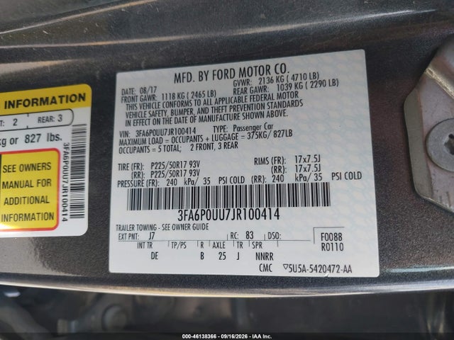 Aukcja sprzedaży 2018 Ford Fusion Hybrid S, vin: 3FA6P0UU7JR100414, numer aukcji: 46138366