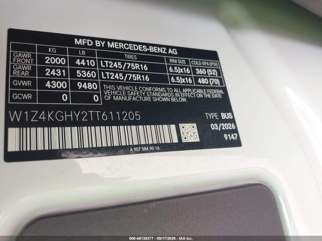Продаж на аукціоні авто 2026 Mercedes-benz Sprinter 2500 High Roof 4-cyl Diesel, vin: W1Z4KGHY2TT611205, номер лоту: 46138377