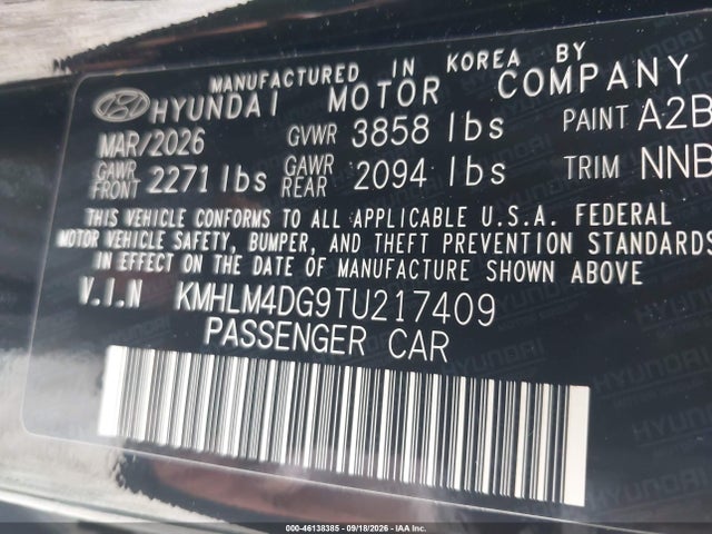 46138385 :رقم المزاد ، KMHLM4DG9TU217409 vin ، 2026 Hyundai Elantra Sel Sport مزاد بيع