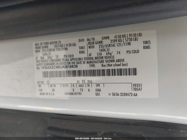 Aukcja sprzedaży 2018 Ford Transit-350 Xl, vin: 1FBAX2CM5JKB18839, numer aukcji: 46138388